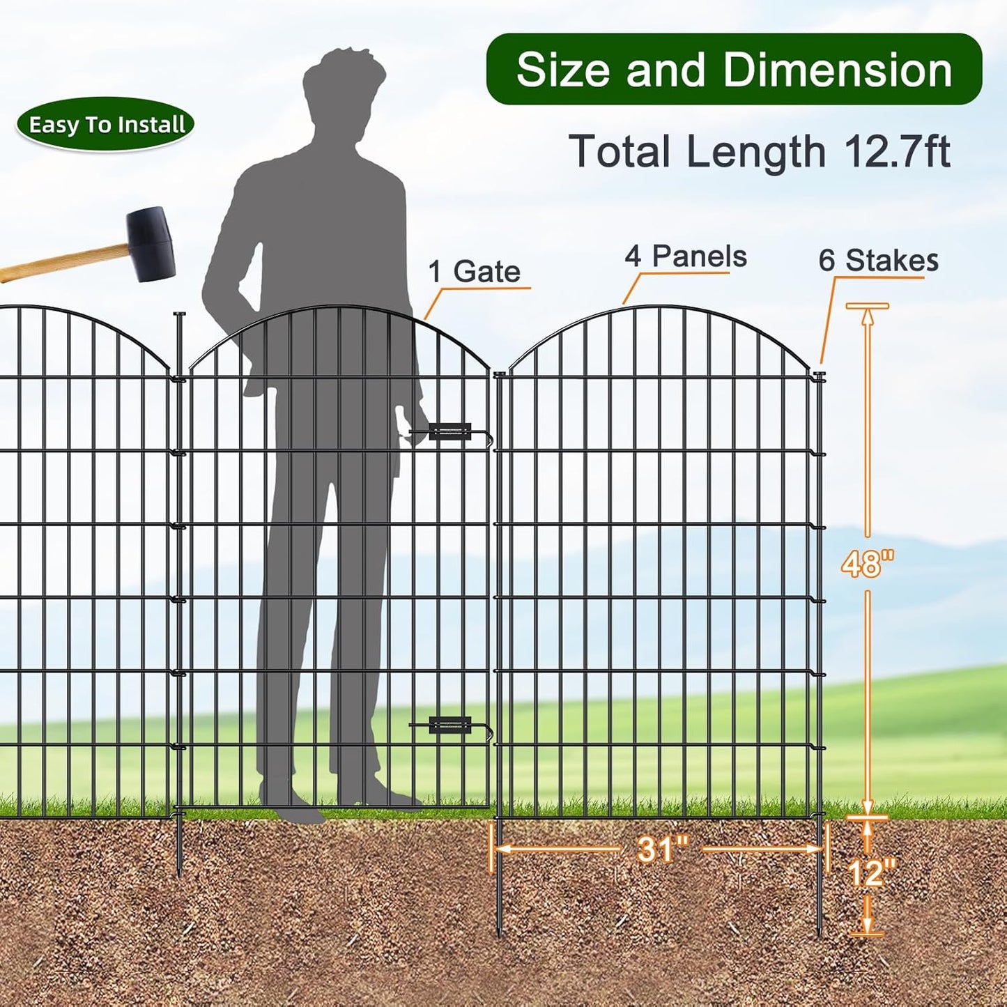 Metal Garden Fence with Gate 48in (H) x 12.7ft (L), 1 Gate+ 4 Panels Dog Fence Border Fences Animal Barrier, No Dig Garden Fencing for Yard Flower Bed Lawn Patio Outdoor, ECG4805G, Black