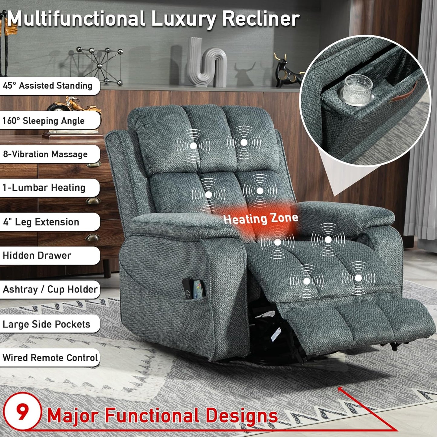 Lazy Boy Recliner Chair, Postoperative Recovery，Retractable 23'' Extra-Long Leg Support Lift Chair Hold up to 400lb，25.5'' Oversized Recliner seat for Big and Tall