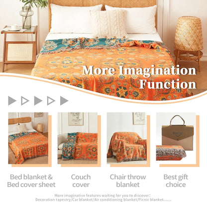Colorful Throw Blanket 80"x90" Pure Cotton Luxury Throw Rustic Quilt Floral Pattern Home Decor Orange Blanket Lightweight Picnic Blanket(80"x90",04-Garland)