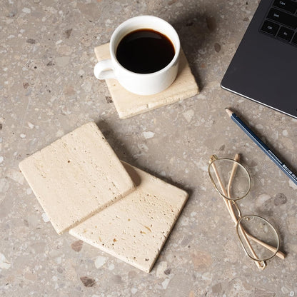 BCS Square Marble Coasters Set of 6 with Holder - Premium Travertine Drink Coasters for Coffee Table, Durable Cup Mats for Wine, Beer, Cocktails - Elegant Home & Bar Decor