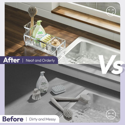 SWTYMIKI Sponge Holder for Kitchen Sink - Sink Caddy with Brush Holder Self-draining Sponge Caddy Organizer with Divider Stainless Steel Kitchen Accessories Storage for Countertop, Silver