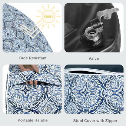 LVTXIII Outdoor Inflatable Ottoman, Fade-Resistant Round Footrest Stool D31”x H14”, Portable Patio Pouf for Garden Camping or Home Use, Medallion Blue