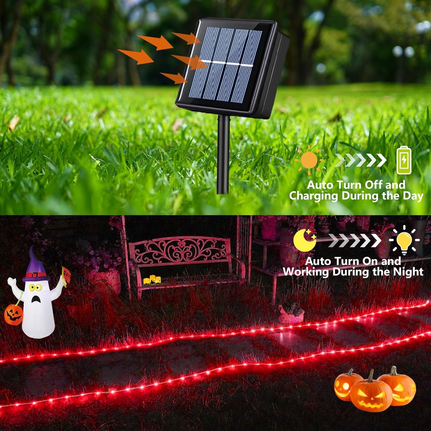 YEGUO 2 Packs Each 33ft 100 LED Solar Rope Lights Outdoor Waterproof, Red String Lights for Outside, 8 Modes Fairy Lights in Clear Thin Tube for Camping Fence Patio Garden Trampoline Deck