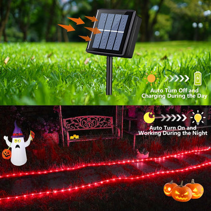 YEGUO 2 Packs Each 33ft 100 LED Solar Rope Lights Outdoor Waterproof, Red String Lights for Outside, 8 Modes Fairy Lights in Clear Thin Tube for Camping Fence Patio Garden Trampoline Deck