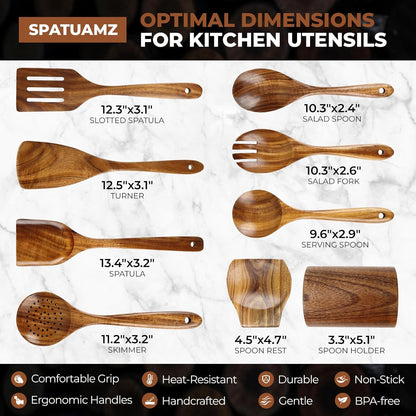 SPATUAMZ Wooden Spoons for Cooking, Teak Wood Kitchen Utensil Set for Nonstick Cookware, Durable Cooking Spatulas Set of 9 with Holder and Spoon Rest