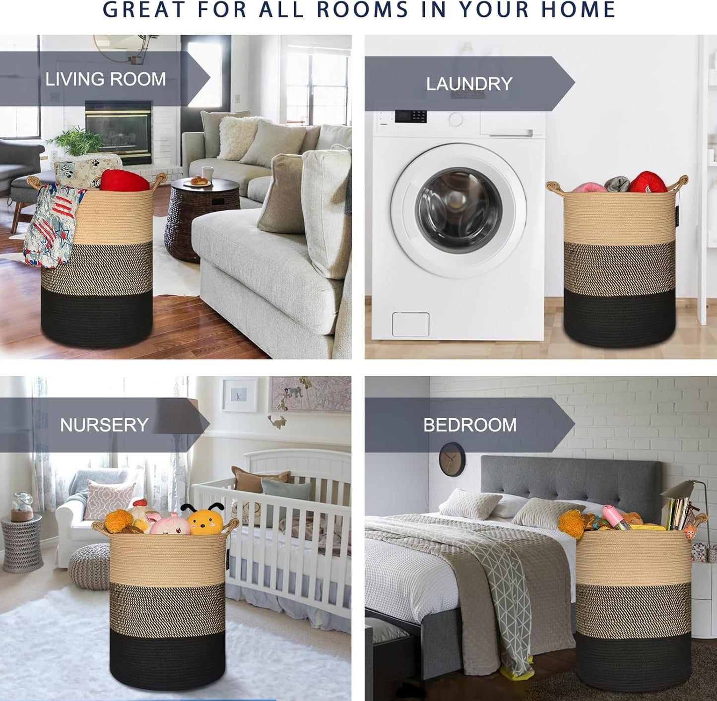 COMSE Extra Large Blanket Basket, Tall Woven Storage Basket, Nursery Hamper, 15.7”x 21.7”, Cotton Rope Laundry Hamper for Toys Clothes Towels, Brown/Black