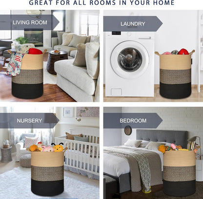 COMSE Extra Large Blanket Basket, Tall Woven Storage Basket, Nursery Hamper, 15.7”x 21.7”, Cotton Rope Laundry Hamper for Toys Clothes Towels, Brown/Black