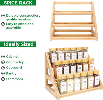 3-Tier Natural Bamboo Spice Rack Organizer - for Kitchen Cabinets, Countertops & Pantries - Space-Saving Tiered Shelf