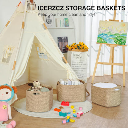 Decorative Storage Baskets for Organizing Shelves, Toy Basket for Nursery, Woven Cotton Rope Baskets for Decor, Towel Basket for Bathroom, 15"x11"x9.5", 3 Packs, Brown