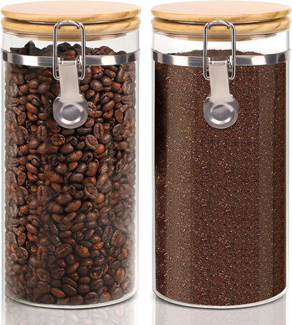 Glass Storage Jars Set Elegant Containers with Airtight Bamboo Lids, Perfect for Kitchen Organization - Flour, Rice, Pasta, Sugar, Coffee Beans, Accessories Included (Coffee Jar x 2)