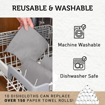 Nordhus Design Swedish Dishcloths, Grey 10-Pack, Reusable, Washable Cellulose Cotton Kitchen Cloths - Replace Paper Towels, Wipes, Sponges, Dish Rags