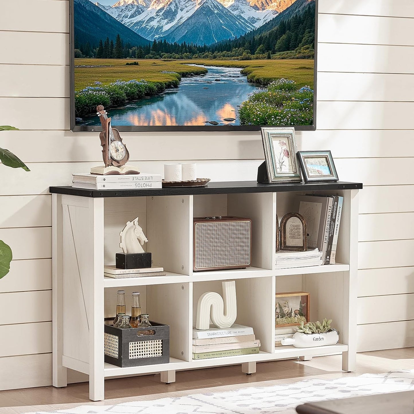 Farmhouse 6 Cube Bookshelf, Antique White & Black Wooden Storage Organizer Book Shelf, 47" Cubby Hallway Bookcase, Kids Toy Storage Cabinet, Modern Open Book Case for Living Room, Playroom