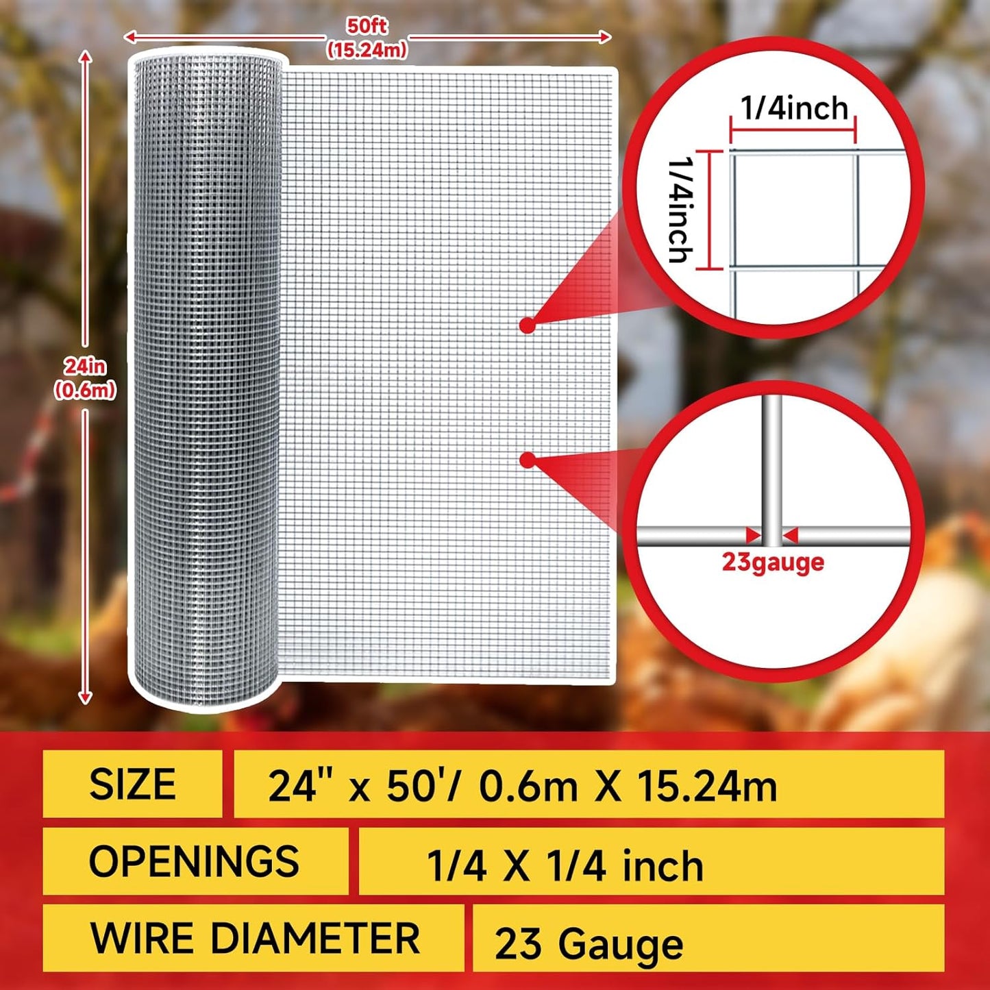 Hardware Cloth,1/4inch 24inx50ft 23 Gauge,Double-Layer Hot-Dip Galvanizing After Welding,Chicken Wire Fence Wire Mesh Fence Poultry Netting Garden Fence Tree Guard Rolls