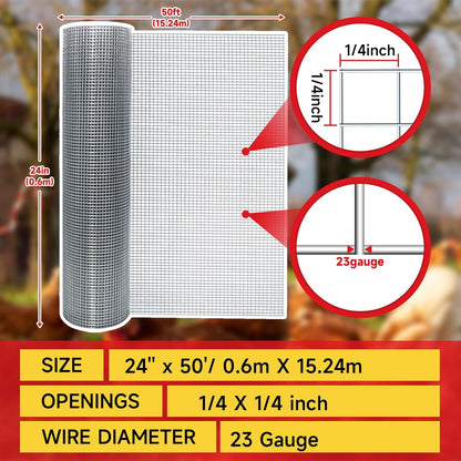 Hardware Cloth,1/4inch 24inx50ft 23 Gauge,Double-Layer Hot-Dip Galvanizing After Welding,Chicken Wire Fence Wire Mesh Fence Poultry Netting Garden Fence Tree Guard Rolls