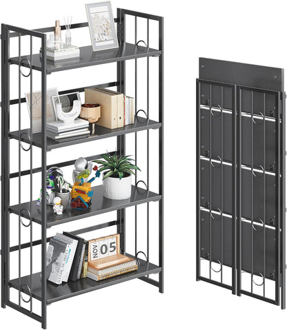 4NM No Assembly 4 Tiers Folding Bookshelf, 47.2" H Foldable Storage Shelves Vintage Bookcase Standing Racks Study Organizer Home Office - All Black
