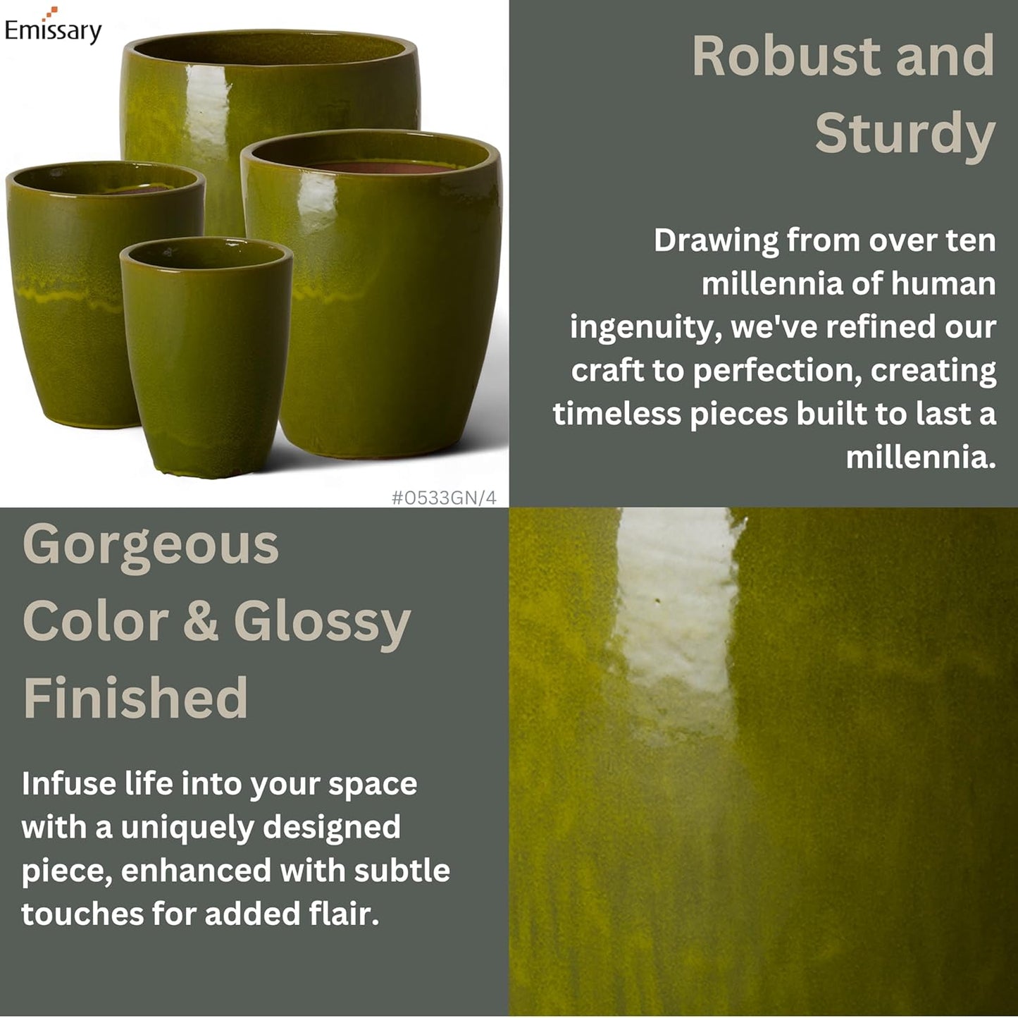 Emissary Bullet 9.5 in. Green Ceramic Round Planter (9.5 in. L x 9.5 in. W x 12 in. H) with Drainage Hole