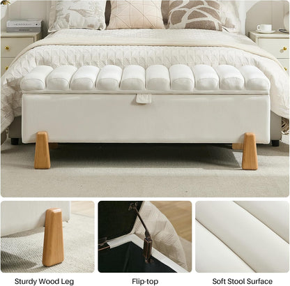 Storage Ottoman Bench for Bedroom Small Spaces 48.6 Inch with Hinged Lid Solid Wood Tapered Legs Tufted Upholstered Fabric for Living Room & Bedroom, Beige