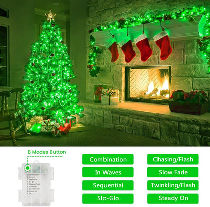 2 Pack Halloween String Lights Battery Operated with Timer, 66FT 200 LED Waterproof Battery Fairy Lights, 8 Modes Twinkle Light for Indoor & Outdoor Party Bedroom Garland Tree Christmas Decor (Green)