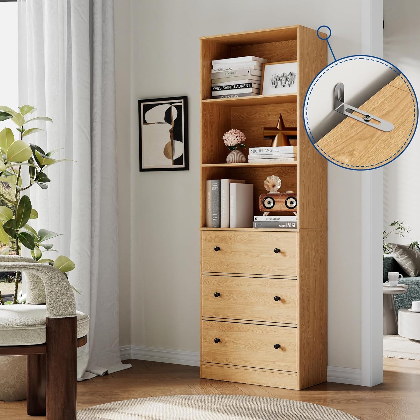 71" Tall Bookshelf with Storage, Bookcase with Drawers, Farmhouse Wooden Corner Book Shelves, Mid Century Modern Book Shelf Wall Standing Home Decor Furniture for Living Room, Bedroom, Office, Kitchen