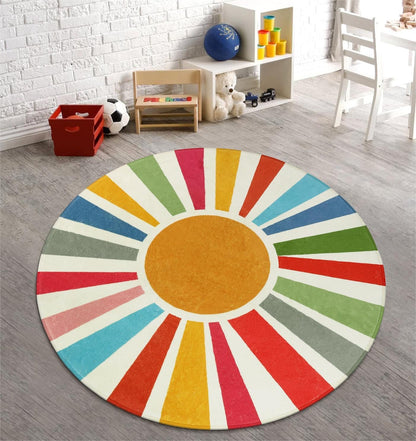 STARUIA Boho Washable Rug 5 Ft Round Area Rug for Bedroom, Rainbow Circle Kids Rugs for Office, Non-Slip Circluar Carpet Soft Sunshine Rugs for Dorm Nursery Sofa Living Room Corner