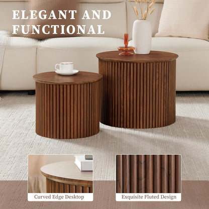 Small Fluted Round Nesting Coffee Table Set of 2, Mid Century Modern Coffee Table Circle Side Table, Wood Nesting Table Farmhouse End Tables Set for Living Room, Bedroom, Small Spaces(Walnut