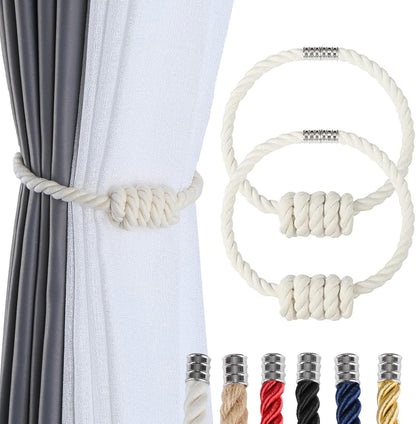 Fenghuangwu 2Pack Magnetic Curtain Tiebacks – Bohemian Style Handmade Woven Tie-Backs for Drapes,Elegant Exquisite Knot Holdbacks,Outdoor Boho & Modern Home Decor-Cotton