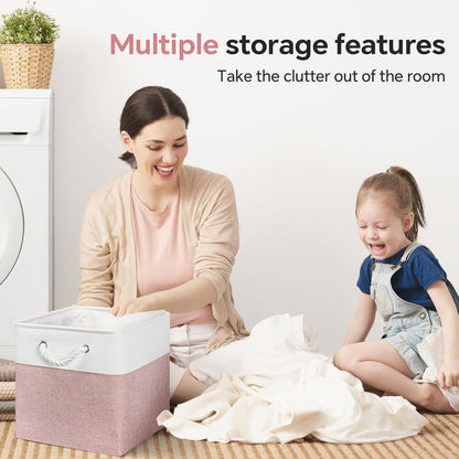 13x13 Inch Cube Storage Bins with Reinforced Bottom Cardboard, 6 Pack Large Collapsible Fabric Storage Cubes with Handles for Shelf, Closet, Toy, Laundry Organization (White&Pink)