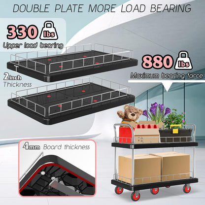 Utility Service Cart 2 Shelf - 880lbs Capacity Heavy-Duty Plastic Rolling Utility Carts with 5 of 360° Swivel Wheels and Handle, Large Service Cart for Groceries, Warehouse,Garage 43.5''x25.6''