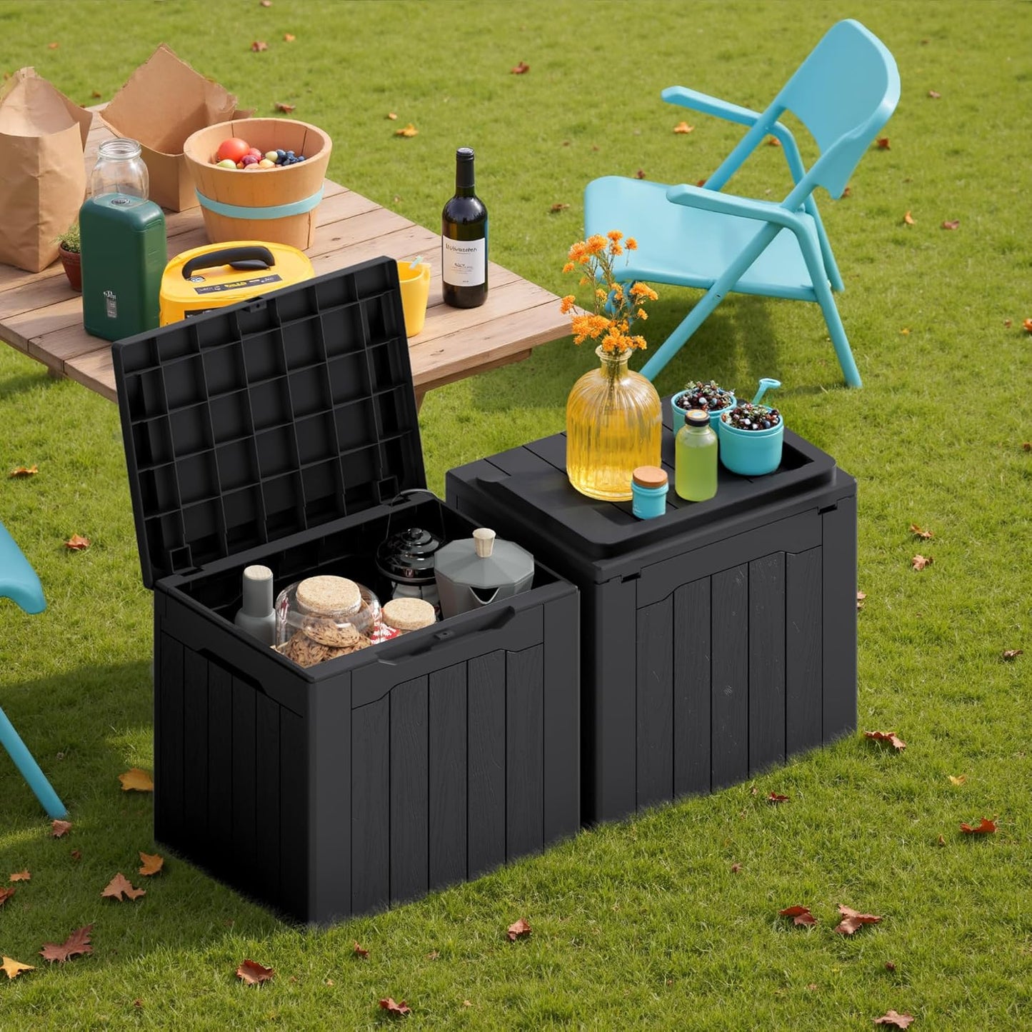 Devoko 30 Gallon Resin Deck Box 2 Pack Outdoor Indoor Waterproof Storage Box for Patio Furniture Pool Accessories Storage for Cushion Garden Tools (Black, 2 Pack)