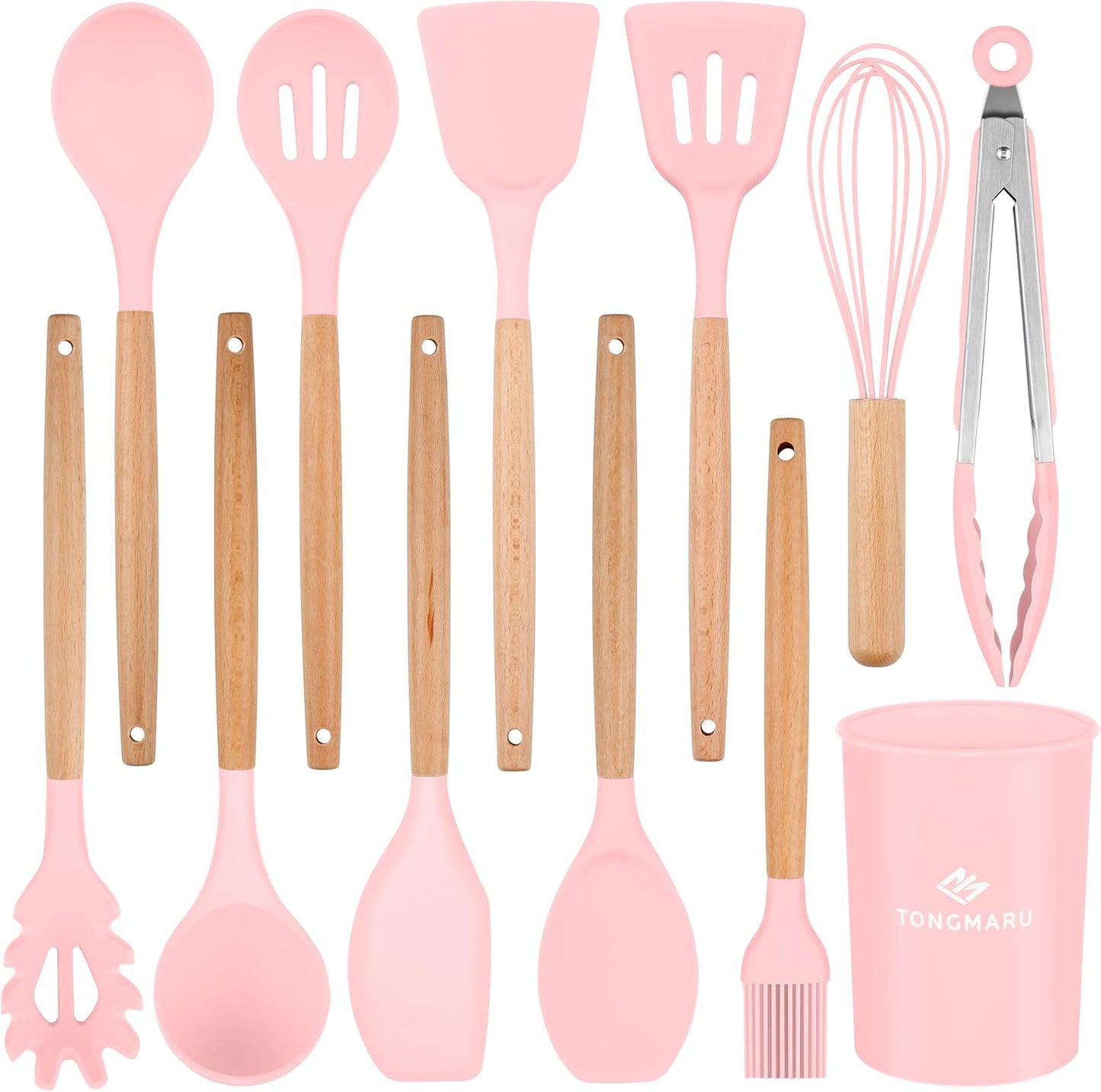 Silicone Cooking Utensils Set, Premium Beech Wood Handle Kitchen Gadgets Utensil Set, Non-Stick Kitchen Utensils Spatula, Tongs, Turner, Whisk, Brush, Spoon, BPA FREE, 446°F Resistant (Pink)
