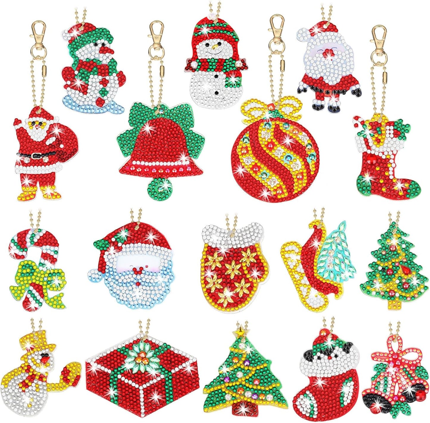Yaomiao 17 Pieces Double Sided Diamond Art Christmas Ornaments Christmas Keychains Diamond Art Kit for Adult DIY 5d Painting Round Drill Key Chain Xmas Crystal Rhinestone Arts Craft Keychain Supplies
