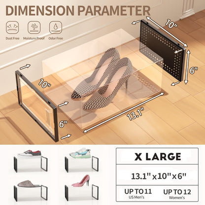 12 Pack X Large Shoe Storage Organizer for Closet, Modular Space Saving Shoe Boxes Clear Plastic Stackable Containers Display Case Bins with Lids, Black