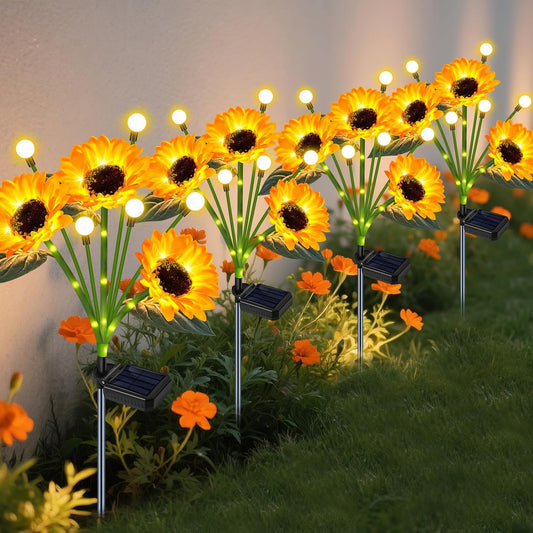Solar Garden Lights Outdoor - Upgraded 4 Pack Solar Sunflowers Outdoor Waterproof with Firefly Lights,Garden Decor for Outside Yard Patio Lawn, Gardening Gifts for Mom Women Grandma