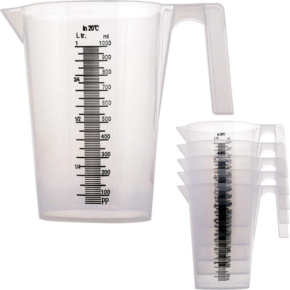 TCP Global 1 Liter (1000ml) Plastic Graduated Measuring and Mixing Pitcher (Pack of 6) - Holds Over 1 Quart (32oz) - Pouring Cups, Measure & Mix Paint, Resin, Epoxy, Kitchen Cooking Baking Ingredients
