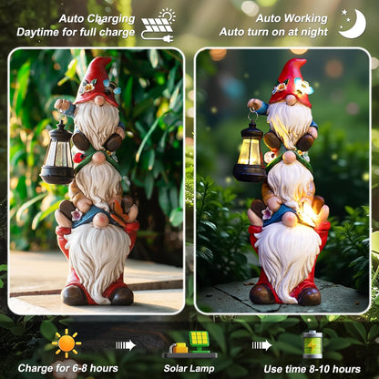 17 in Large Garden Gnome Statue with Solar Lights Sculptures Funny Triple Big Gnome Outdoor Patio Lawn Yard Balcony Garden Home Decor Gifts for Women Mom