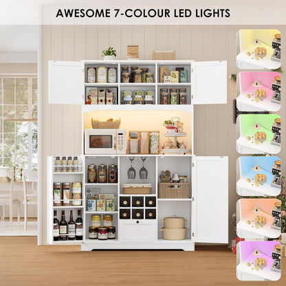 FINETONES 71" Pantry Cabinet with 7-Color LED Light and Charging Station, Kitchen Pantry Cabinet with Microwave Stand, Kitchen Hutch Food Storage Cabinet with Outlet and Wine Racks, White