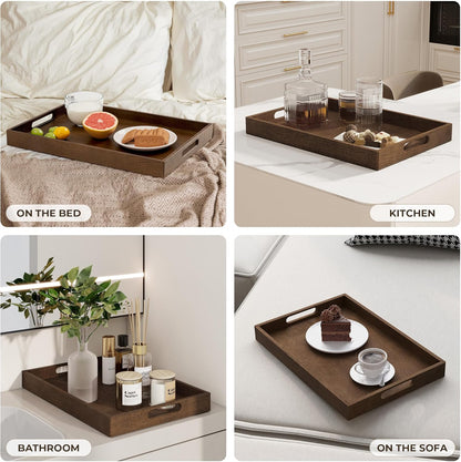Axeman Wooden Serving Tray with Wood Handles|Ottoman Tray for Breakfast, Bed, Couch|17x12in Ash Wood Coffee Table Trays|Food Drinks Decorative Storage Boards for Ottoman Kitchen, Walnut
