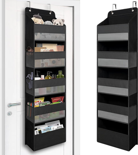 Over Door Organizer with 5 Large Pockets, Heavy Duty Hanging Organizer Storage, Closet Bathroom Nursery Bedroom Dorm, Toys Cosmetics Sundries and Baby Essentials, Black