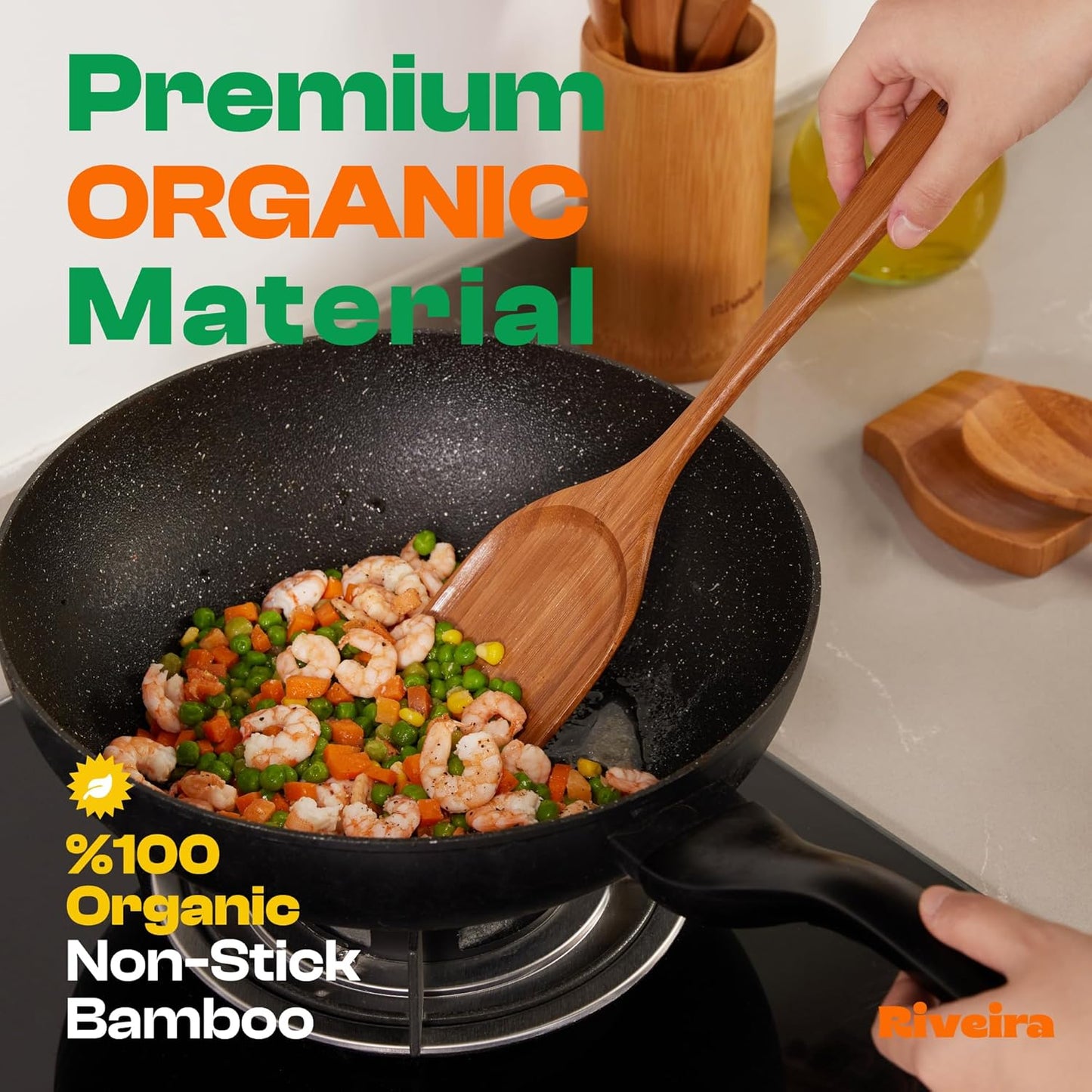 Riveira Brown Bamboo Wooden Spoons for Cooking Set of 6 – Natural Brown Bamboo Wooden Cooking Utensils, Wooden Spatula, Wooden Spoon - Premium Quality Wooden Utensil Set for Non-Toxic Cooking