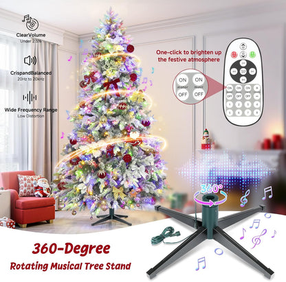 6.5ft Pre-lit Artificial Christmas Tree with Remote, Snow Flocked Xmas Trees Rotating & Foldable Stand, RGB & Warm White Light for Home Decor