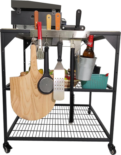 Stainless Steel 3-Tier Mobile Cart for Outdoor Grills & Pizza Ovens
