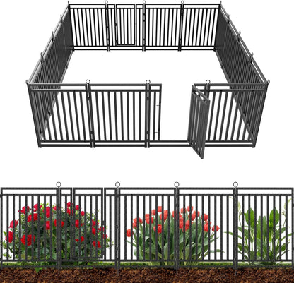 Decorative Garden Fence Metal Dog Fence Outdoor for Yard, 36ft (L) × 40in (H), 14 Panels + 2 Gates, Rustproof Animal Barrier Fencing for Patio & Flower Bed, No Dig, Black-Silver