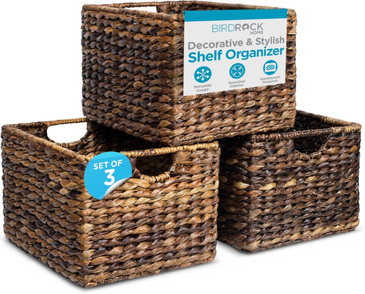 BIRDROCK HOME Woven Storage Shelf Organizer Baskets with Handles - Set of 3 - Abaca Wicker Basket - Pantry Living Room Office Bathroom Shelves Organization - Under Shelf Basket - Handwoven (Espresso)