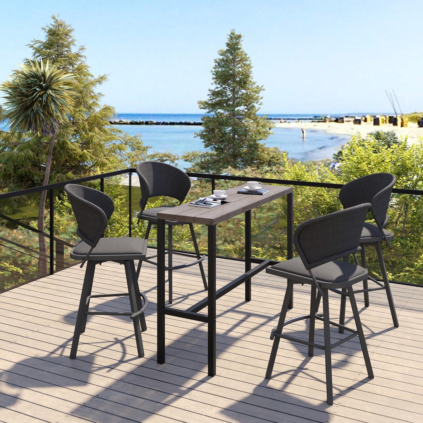 VICLLAX Patio Bar Stool Chairs with Footrests and Padded Seat, Bar Height Swivel Patio Chairs Set of 6, Woven Wicker Swivel Bar Stools for Lawn Garden, Grey