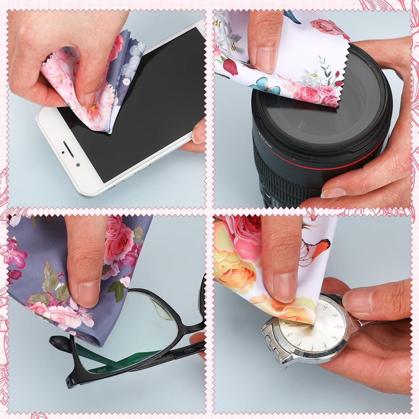 Sinmoe 20 Pcs Microfiber Cleaning Cloth Elegant Flower Design Microfiber Cloth Soft Multicolor Glasses Cleaner for Eyeglasses Camera Lens Cell Phone Screens Glasses, 6 x 6 Inches