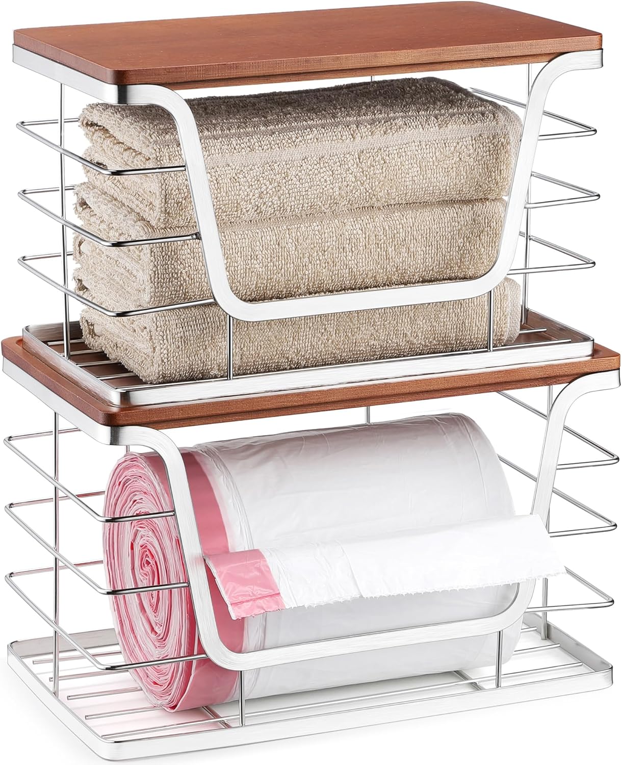 ALOCEO 2 Pack Stackable Storage Bins with Lids, Stainless Steel Extra Large Trash Bag Dispenser for Kitchen Sink, Laundry, Pantry Organizer and Storage, Fit 13/30/33 Gallon Garbage Bags, Walnut Sliver