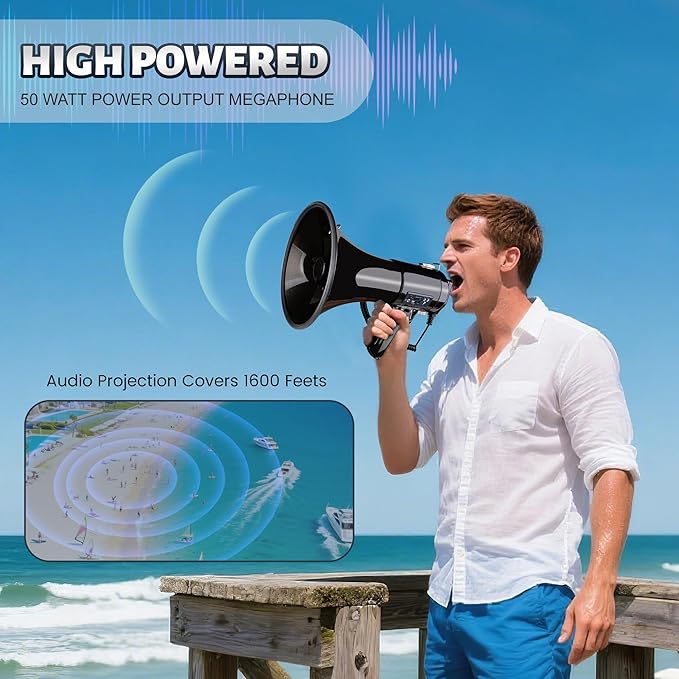50 Watt Megaphone Bullhorn with Detachable Microphone, 240s Recording and Siren - Perfect for Indoor/Outdoor Sporting Events and Crowd Control