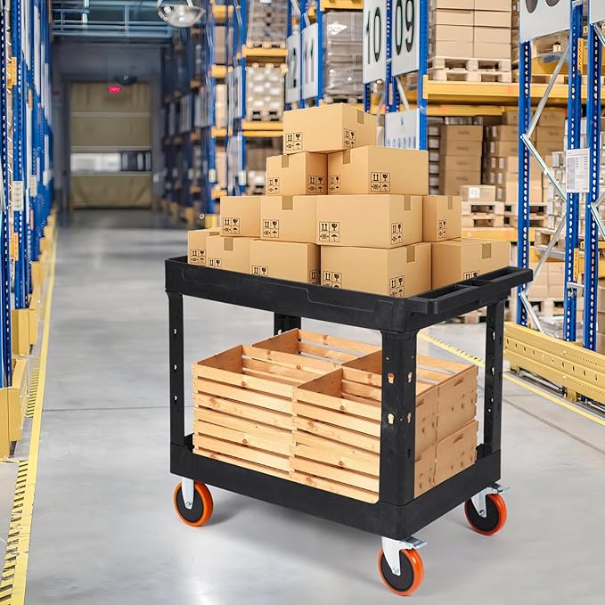 ELAFROS Extra Large Heavy Duty Utility Cart 39.9 x 24.6 Inch - Work Cart Big 2-Tier Plastic Rolling Service Cart with Deep Shelves, 6 Inch Casters, 550 lbs Capacity, Black
