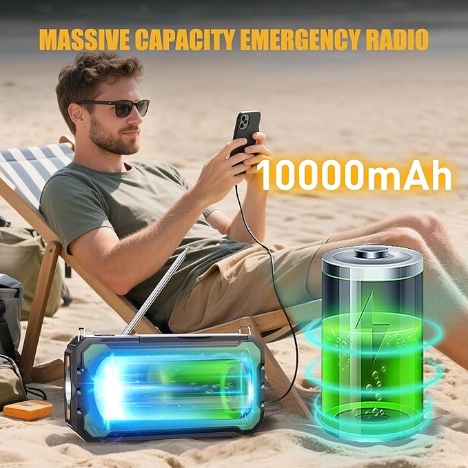Hand Crank Emergency Radio, 10000mAh Weather Radio with AM/FM/NOAA, Solar Prower, SOS Alarm, Phone Charging, LED Flashlight, Portable Survival Gear for Outdoor & Home Emergencies Kits, Light Green