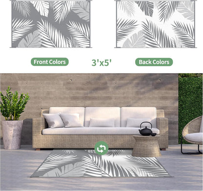 GENIMO Outdoor Rug 3' x 5' Waterproof for Patios Clearance, Reversible Outdoor Plastic Straw Camping Rug Carpet, Large Area Rugs Mats for RV, Camper, Deck, Balcony, Porch, Beach, Picnic, Grey&White